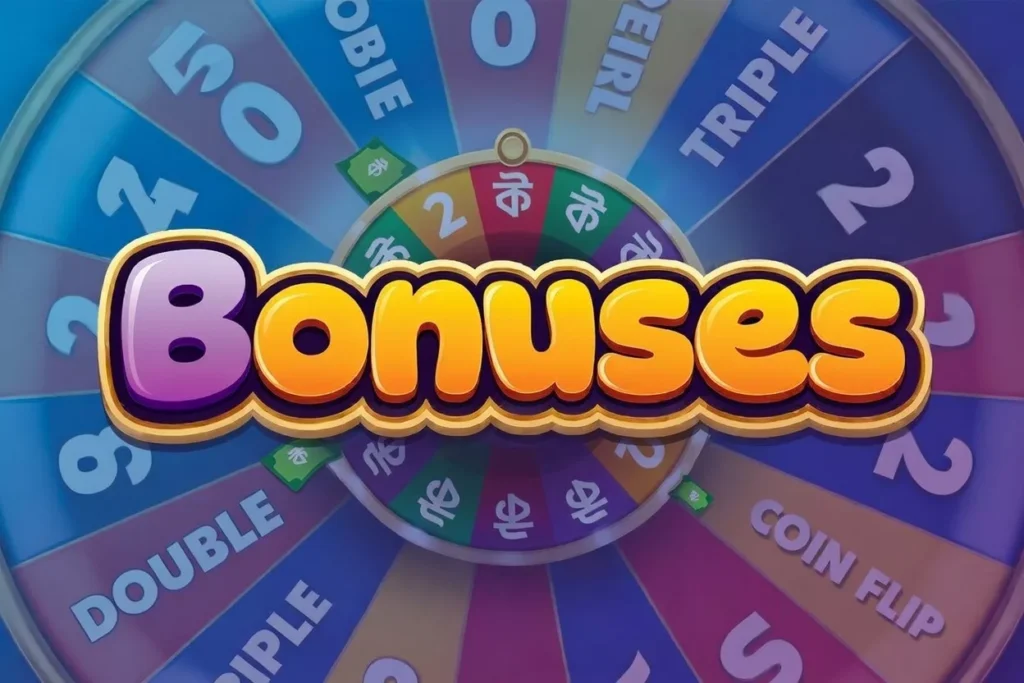 Vibrant spinning bonus wheel for online casino game featuring colorful segments with multipliers (2x, 5x, 10x), labels such as DOUBLE, TRIPLE, COIN FLIP, and the large glowing yellow-orange text 'Bonuses' in the center, surrounded by poker chips, dice, and sparkling effects on a blue-purple gradient background